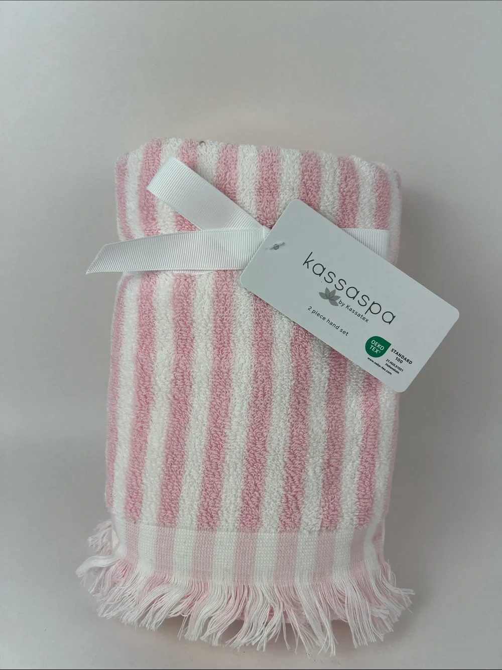 Kassaspa Hand Towel Set Pink & White Striped With Fringe Soft Cotton 2 Pc NEW